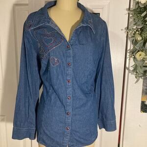 Liz Lisa vintage embellished Chambray Button Down Denim size large Red Hearts